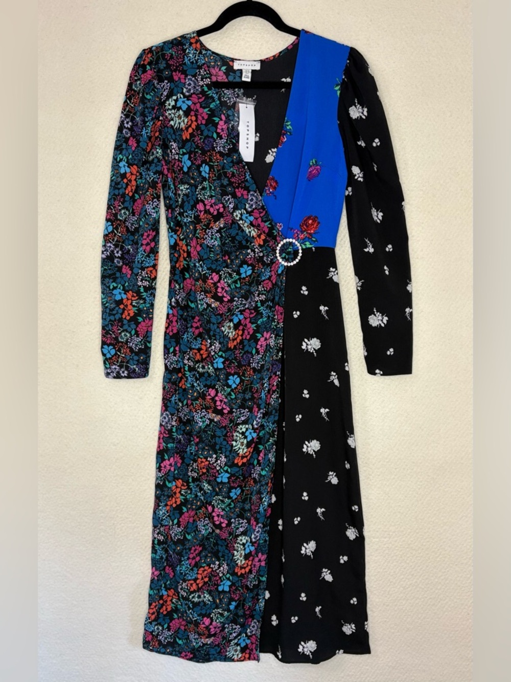 NWT Topshop Grand Estate Mix Midi Dress. Faux wrap dress with front snap closure